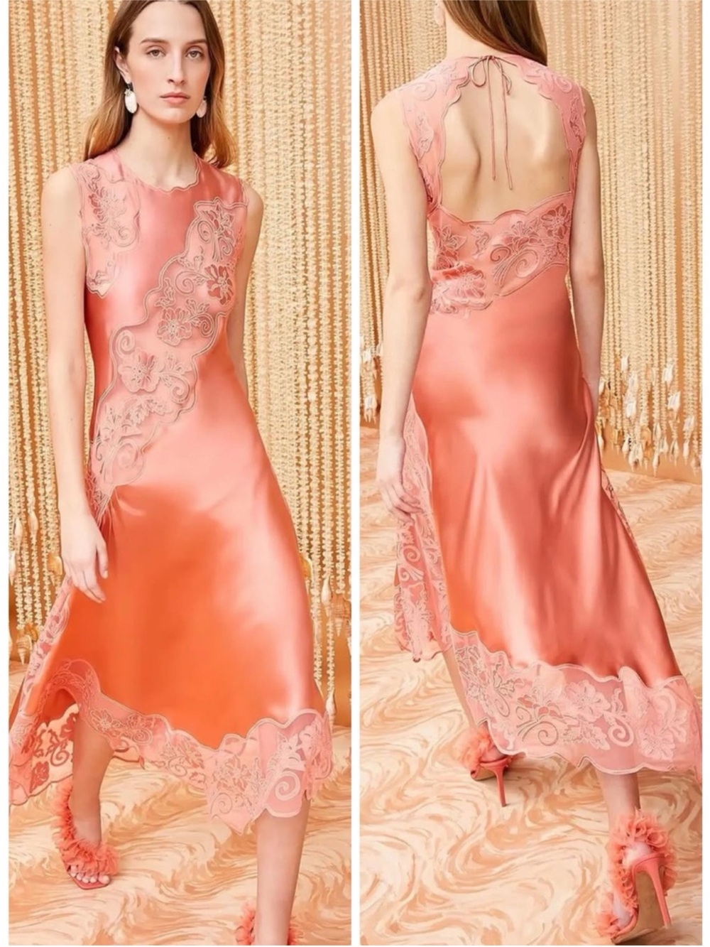 ULLA JOHNSON Kaia Open-Back Asymmetric Lace Silk Midi Pink Dress SZ US 6 NWT